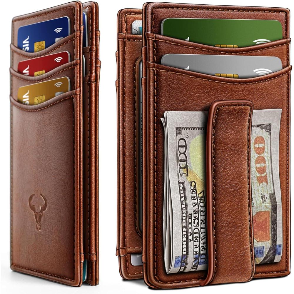 imageBULLIANT Magnetic Closure Slim WalletGenuine Leather Front Pocket Wallet for MenRFID BlockingHolds 12 Cards and Money ClipBrick Brown4203