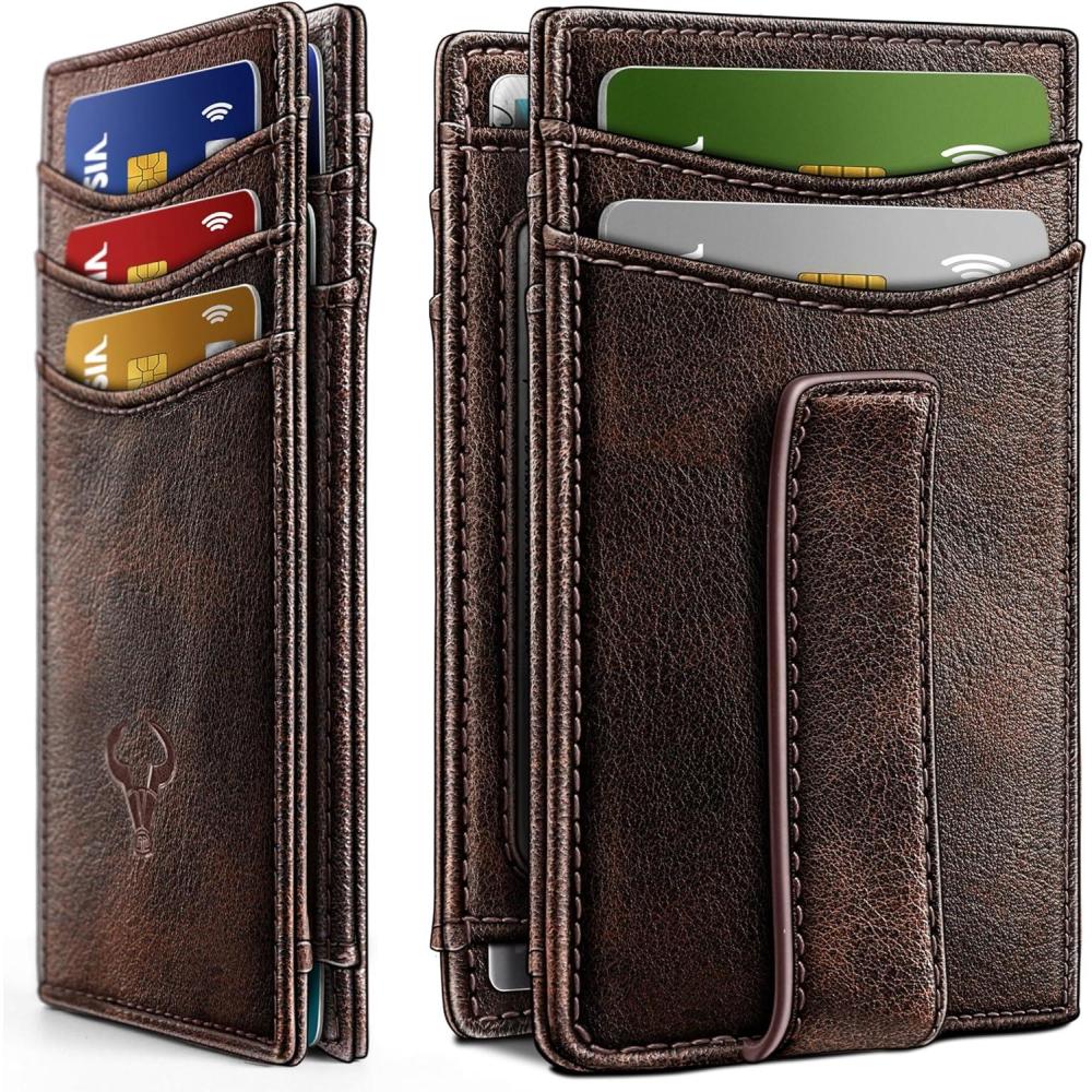imageBULLIANT Magnetic Closure Slim WalletGenuine Leather Front Pocket Wallet for MenRFID BlockingHolds 12 Cards and Money ClipForest Brown6323