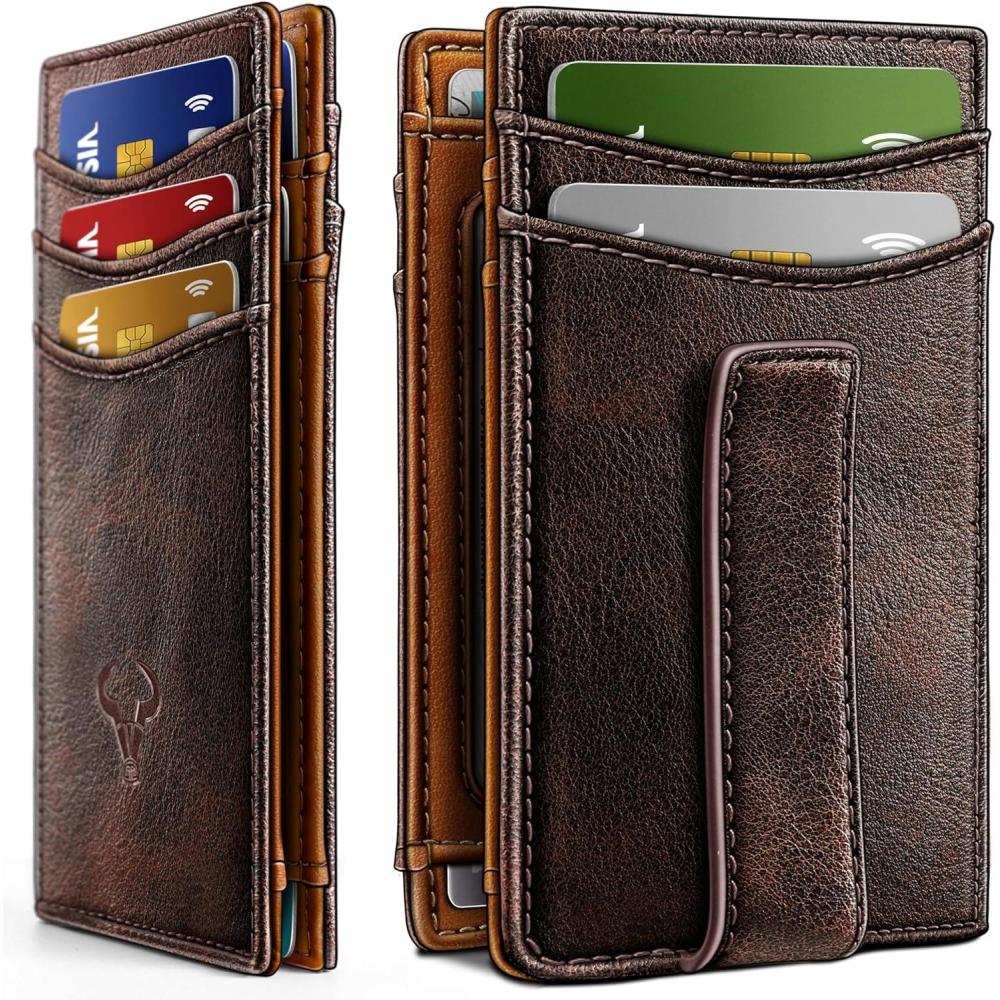 imageBULLIANT Magnetic Closure Slim WalletGenuine Leather Front Pocket Wallet for MenRFID BlockingHolds 12 Cards and Money ClipForest Brown7739