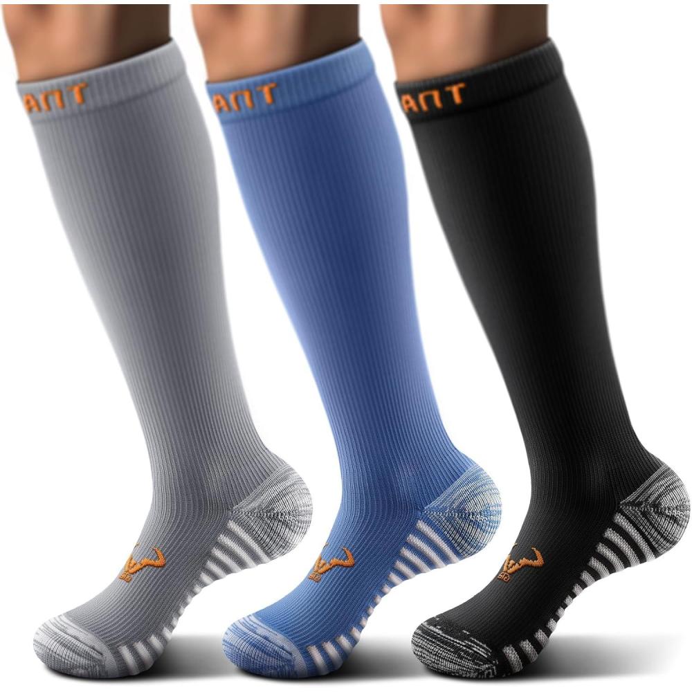 imageBULLIANT Men Compression Socks 3PairsKnee High Socks 1520 Pressure Unise Cushioned Sole Extra Wicking3pairs3 Color Mixed8281