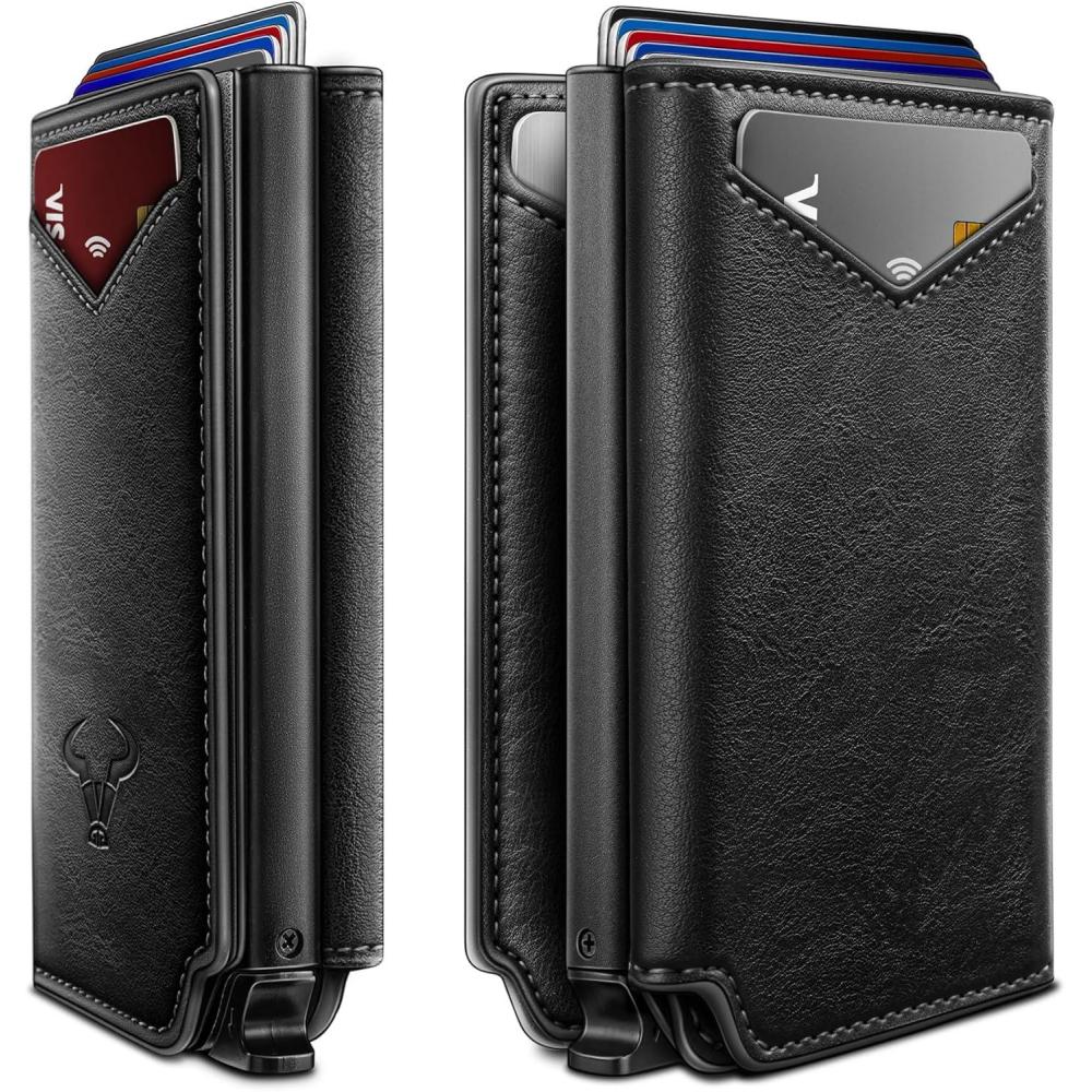 imageBULLIANT Men Wallet Leather Wallet Card Holders Money Clip for Men 10CardsMagnetic Flip on Metal CaseBlack8017