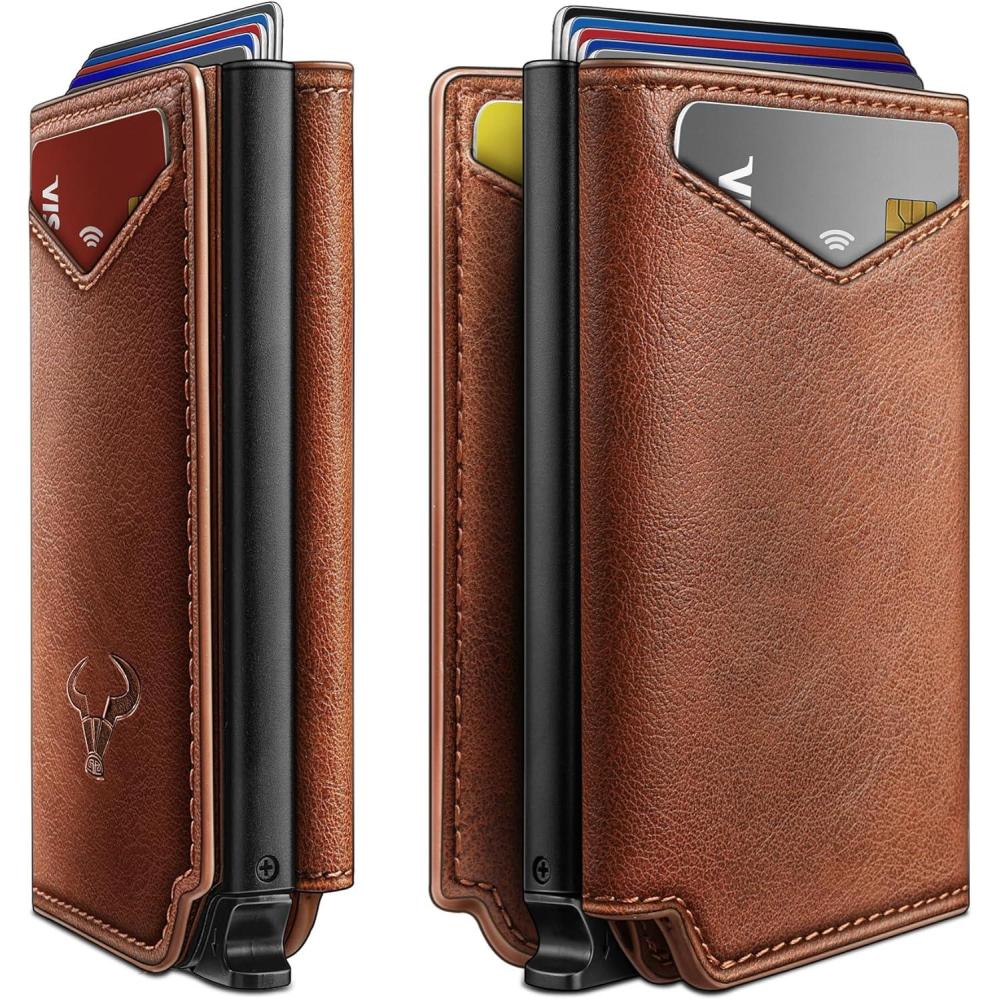 imageBULLIANT Men Wallet Leather Wallet Card Holders Money Clip for Men 10CardsMagnetic Flip on Metal CaseBrick Brown6226