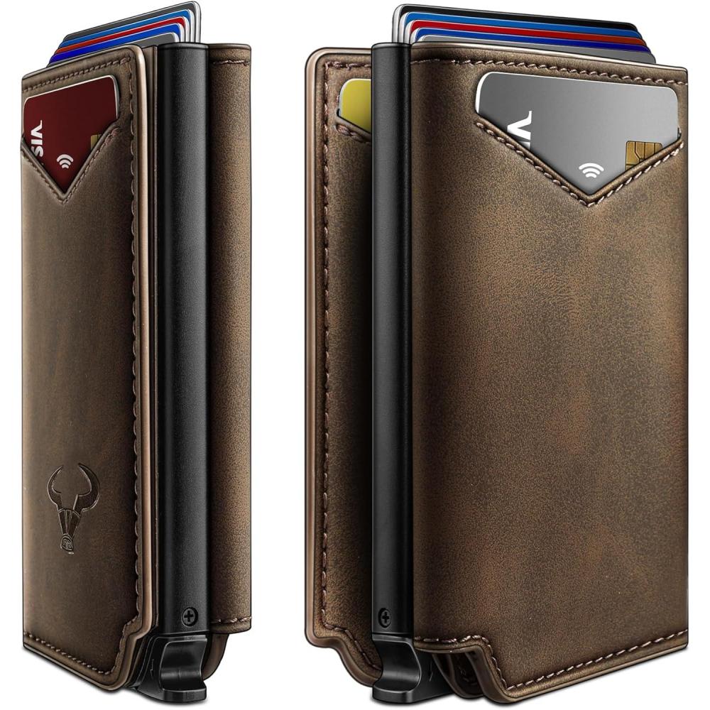 imageBULLIANT Men Wallet Leather Wallet Card Holders Money Clip for Men 10CardsMagnetic Flip on Metal CaseCoffee6227