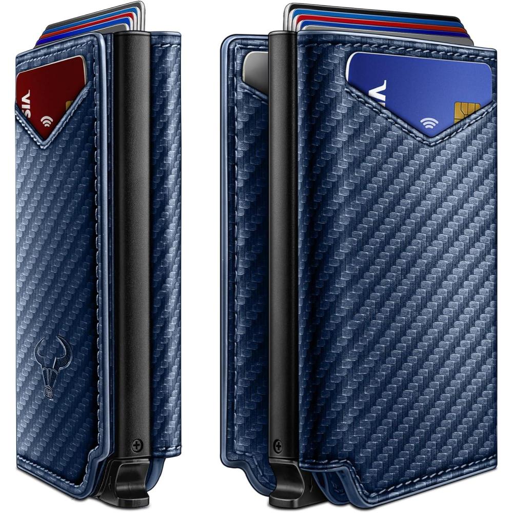 imageBULLIANT Men Wallet Leather Wallet Card Holders Money Clip for Men 10CardsMagnetic Flip on Metal CasePurplish Blue8016