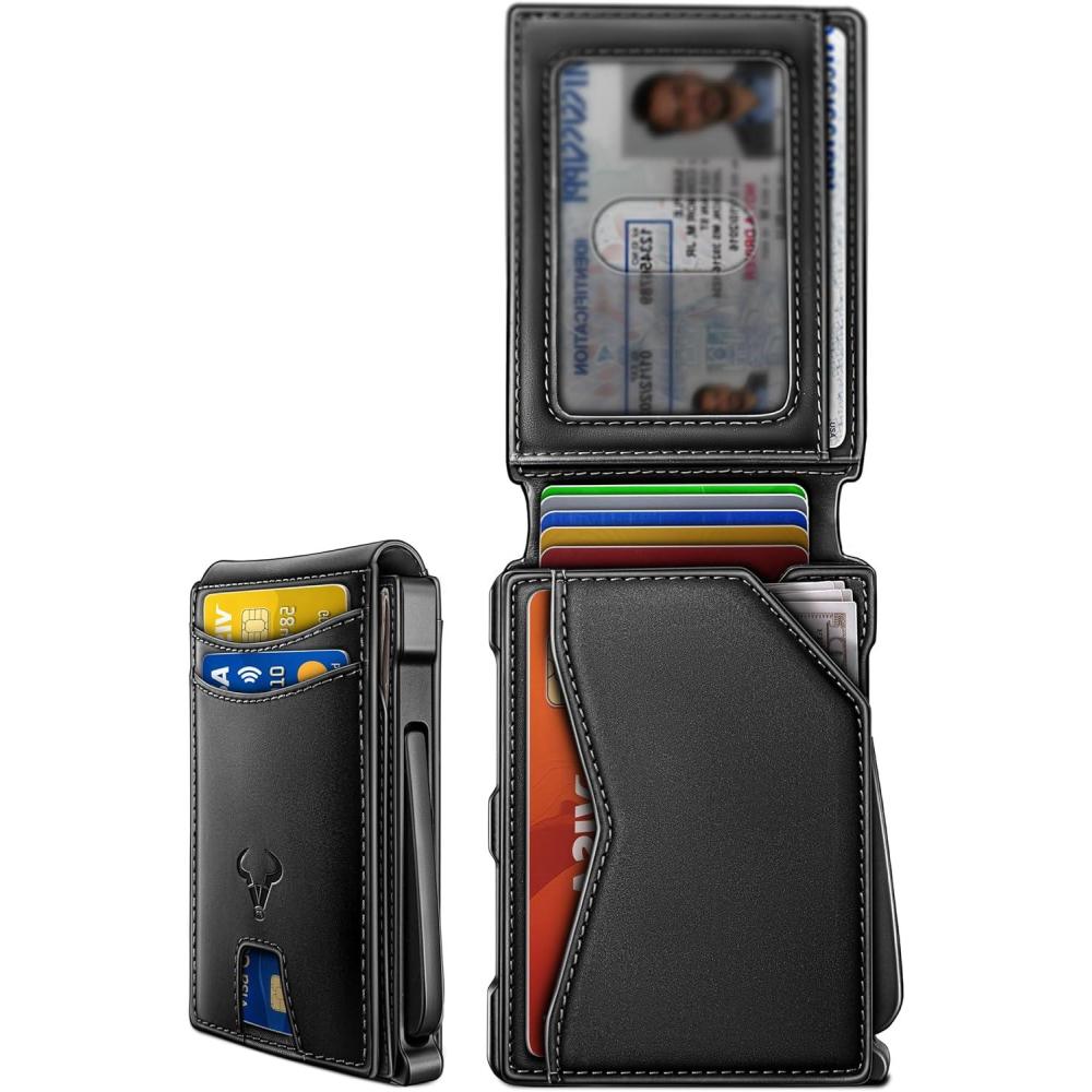 imageBULLIANT Men Wallet Metal Wallet Money Clip Magnetic Flip Top Grain Leather 13 Cards Popup Access Simplifed Bill FolderBlack8403