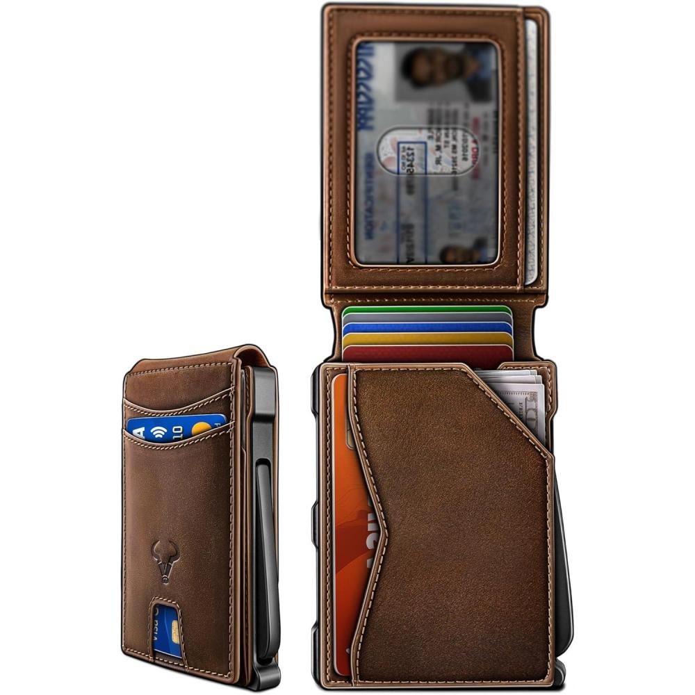 imageBULLIANT Men Wallet Metal Wallet Money Clip Magnetic Flip Top Grain Leather 13 Cards Popup Access Simplifed Bill FolderPecan Pie8405