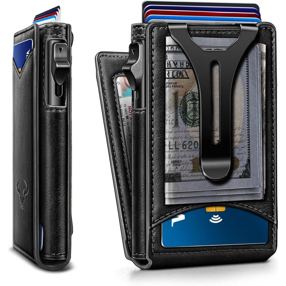 imageBULLIANT Men WalletMoney Clip Wallet Slim For Gift Men 9CardsMetal Credit Card Case in Magnetic Leather FlipBlack6313