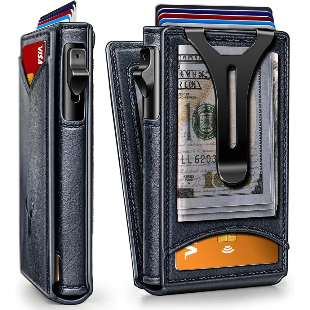 imageBULLIANT Men WalletMoney Clip Wallet Slim For Gift Men 9CardsMetal Credit Card Case in Magnetic Leather FlipPurplish Blue3927