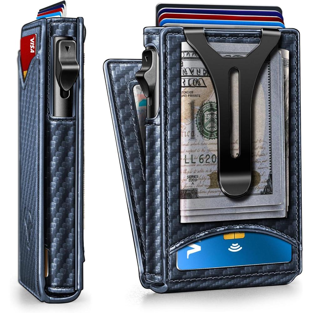 imageBULLIANT Men WalletMoney Clip Wallet Slim For Gift Men 9CardsMetal Credit Card Case in Magnetic Leather FlipPurplish Blue4060