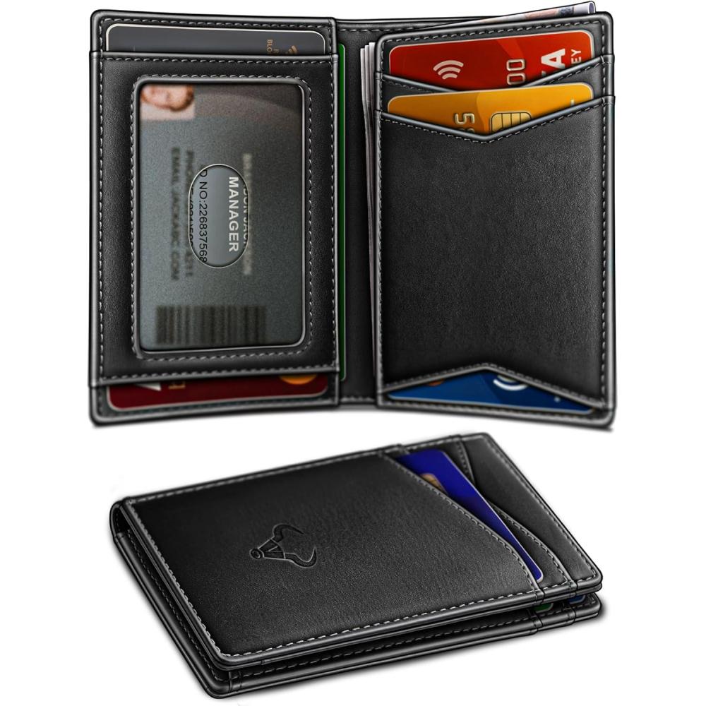 imageBULLIANT Men WalletTop Grain Leather Slim Wallet Magnetic Closure Simplifed Bill Folder RFID Blocking 11CardsBlack8400