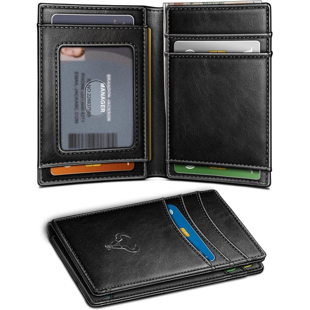 imageBULLIANT Slim Wallet For Men 12CardsEasy Leather Wallet Card Holder Money Clip With Simplified Bill FolderampampMagnetic Closure RFID BlockingBlack8013