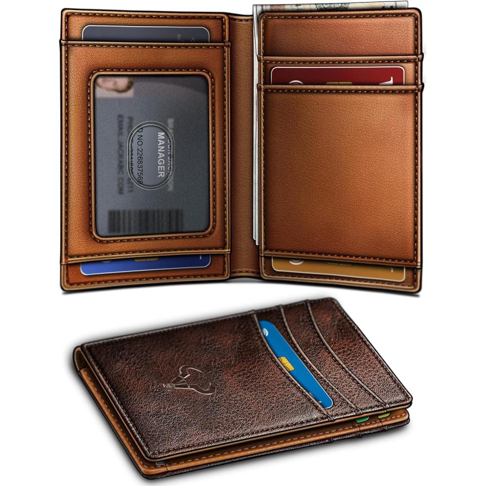 imageBULLIANT Slim Wallet For Men 12CardsEasy Leather Wallet Card Holder Money Clip With Simplified Bill FolderampampMagnetic Closure RFID BlockingForest Brown8015