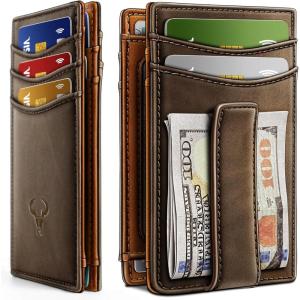 BULLIANT Magnetic Closure Slim Wallet-Genuine Leather Front Pocket Wallet for Men,RFID Blocking,Holds 12 Cards and Money Clip(Coffee7740)