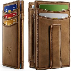 BULLIANT Magnetic Closure Slim Wallet-Genuine Leather Front Pocket Wallet for Men,RFID Blocking,Holds 12 Cards and Money Clip(Tiger Eye4654)