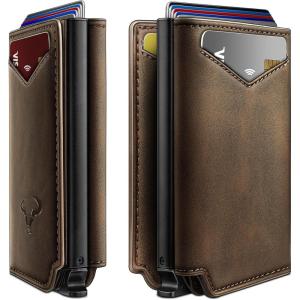 BULLIANT Men Wallet Leather Wallet Card Holders Money Clip for Men 10Cards-Magnetic Flip on Metal Case(Coffee6227)