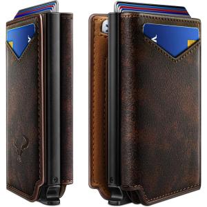 BULLIANT Men Wallet Leather Wallet Card Holders Money Clip for Men 10Cards-Magnetic Flip on Metal Case(Forest Brown8019)