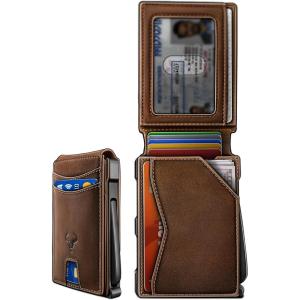 BULLIANT Men Wallet, Metal Wallet Money Clip Magnetic Flip Top Grain Leather 13 Cards Pop-up Access Simplifed Bill Folder(Pecan Pie8405)