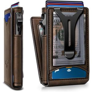 BULLIANT Men Wallet,Money Clip Wallet Slim For Gift Men 9Cards-Metal Credit Card Case in Magnetic Leather Flip(Coffee-4338)
