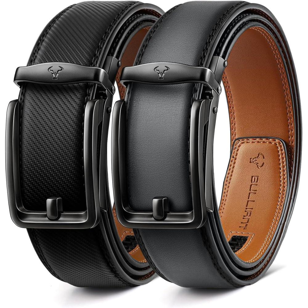 imageBULLIANT Men Ratchet Belt 2 Pack Click Sliding Leather Belt Adjustable for Gift Men Dress Casual Jeans 1 38Cut for Fit2packblackDark Gray8177