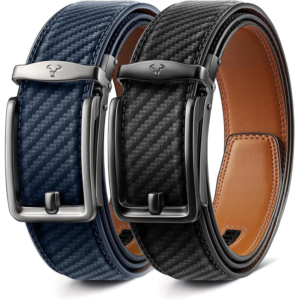 imageBULLIANT Men Ratchet Belt 2 Pack Click Sliding Leather Belt Adjustable for Gift Men Dress Casual Jeans 1 38Cut for Fit2packblackPurplish Blue6264