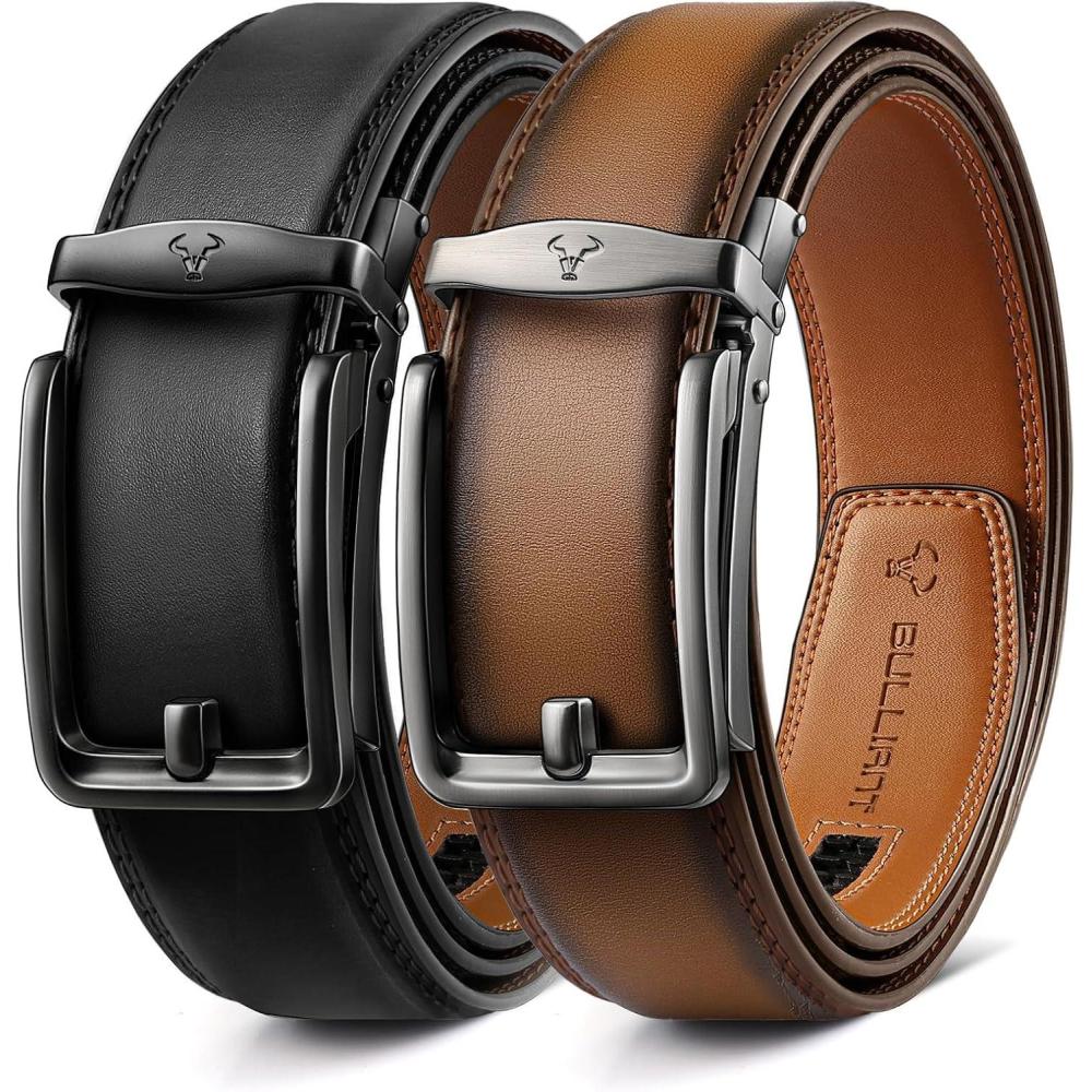 imageBULLIANT Men Ratchet Belt 2 Pack Click Sliding Leather Belt Adjustable for Gift Men Dress Casual Jeans 1 38Cut for Fit2packblackTawny7752