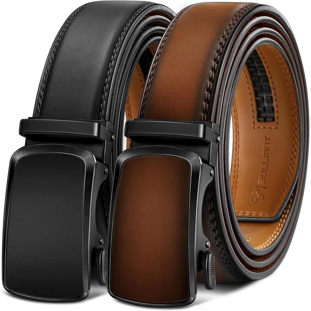 imageBULLIANT Mens Ratchet Belt 2 PackClick Leather Belt Adjustable for Men Gift 1 38Cut for Perfect Fit2packblackLight Brown6342