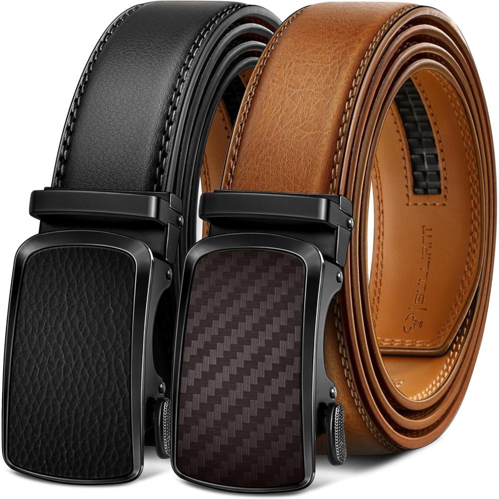 imageBULLIANT Mens Ratchet Belt 2 PackClick Leather Belt Adjustable for Men Gift 1 38Cut for Perfect Fit2packblackOrange Brown8328
