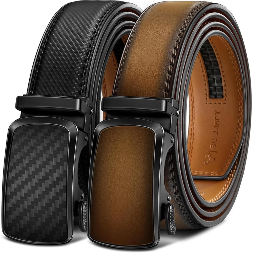 imageBULLIANT Mens Ratchet Belt 2 PackClick Leather Belt Adjustable for Men Gift 1 38Cut for Perfect Fit2packblackTawny6340