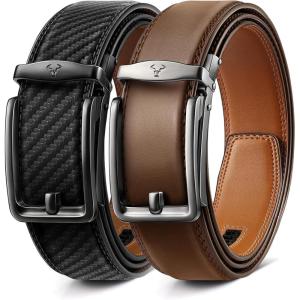 BULLIANT Men Ratchet Belt 2 Pack, Click Sliding Leather Belt Adjustable for Gift Men Dress Casual Jeans 1 3/8,Cut for Fit(2pack-black/Tawny6263)