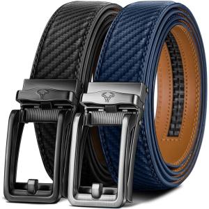 BULLIANT Men belt 2Pack,Leather Ratchet Belt for Gift Men Dress Casual Jeans 1 3/8″,Cut for Fit(2pack-black/Purplish Blue4650)