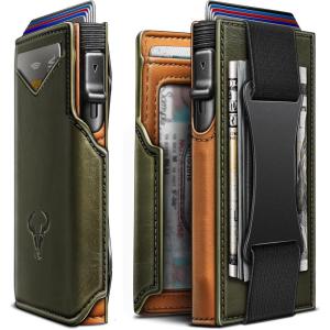 BULLIANT Men Wallet Gift Boxed,Slim Front Pocket Wallet Money Clip Card Holder 3.8″x2.7″,Pop-up Access(Olive3853)