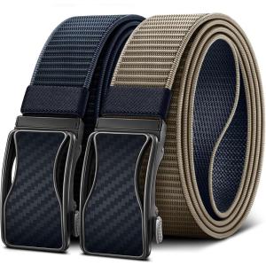 BULLIANT Mens Ratchet Belt Reversible,Web Nylon Casual Belt for Gift Men Golf Hiking Pants Jeans 2 In 1(Beige/Purplish Blue2665)