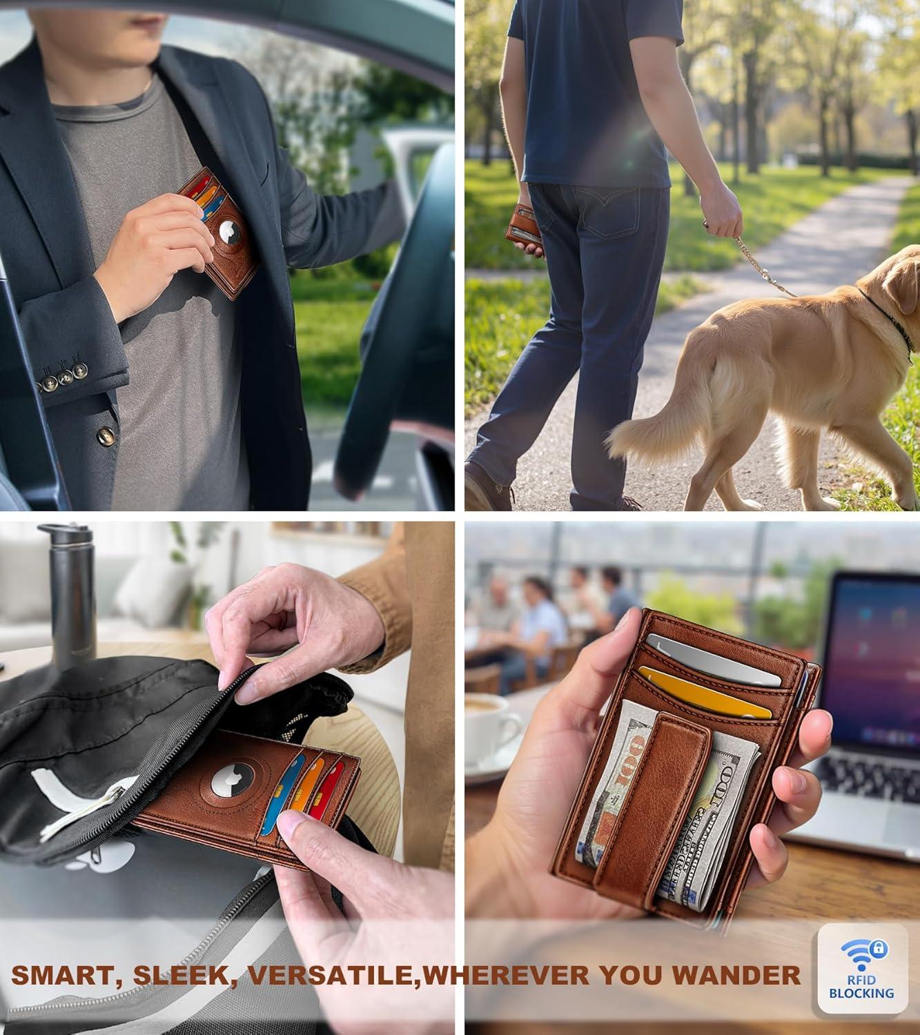 image:imageBULLIANT Men Airtag WalletSlim Wallet Money Clip Card Holder Magnetic Closure 12 Cards in Front Pocket RFID BlockingBrick Brown7758