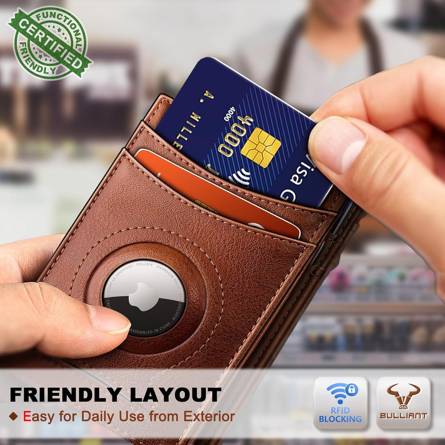 image:imageBULLIANT Men Airtag WalletSlim Wallet Money Clip Card Holder Magnetic Closure 12 Cards in Front Pocket RFID BlockingBrick Brown8155