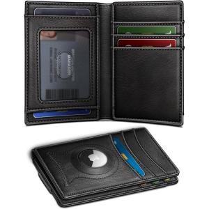 BULLIANT Men Airtag Wallet,Slim Wallet Money Clip Card Holder Magnetic Closure 12 Cards in Front Pocket RFID Blocking(Black7802)