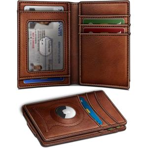 BULLIANT Men Airtag Wallet,Slim Wallet Money Clip Card Holder Magnetic Closure 12 Cards in Front Pocket RFID Blocking(Brick Brown7758)