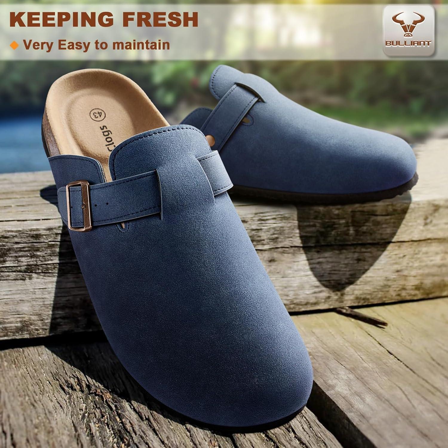 image:imageBULLIANT Women ClogsFleeceLined Suede Mules Slippers Nurse Shoes UnisexMemory Foam Arch Support CorkFootbedCambridge Blue6532
