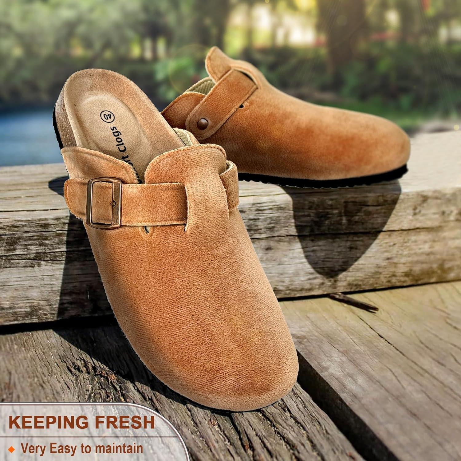 image:imageBULLIANT Women ClogsFleeceLined Suede Mules Slippers Nurse Shoes UnisexMemory Foam Arch Support CorkFootbedLight Brown4169