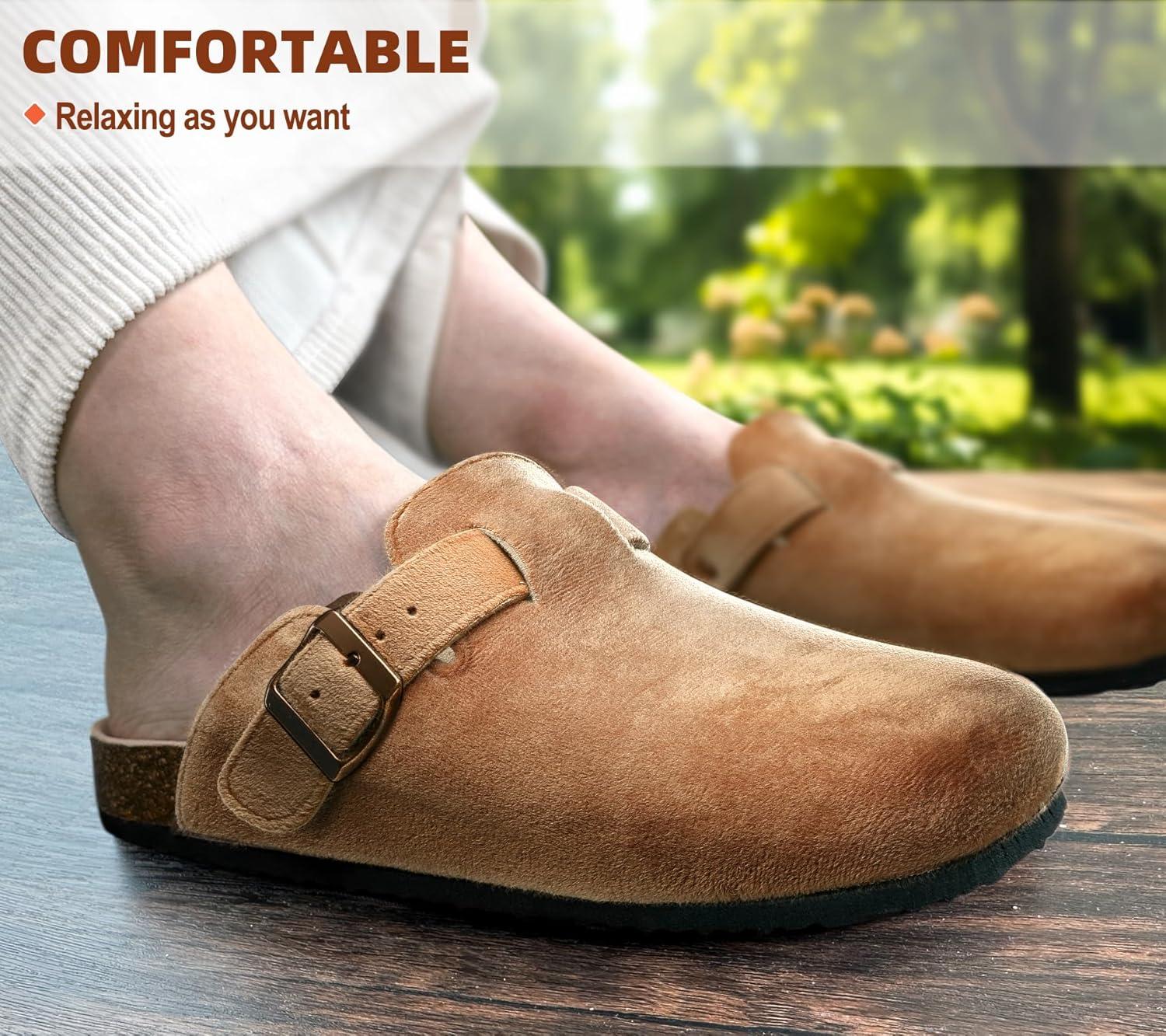 image:imageBULLIANT Women ClogsFleeceLined Suede Mules Slippers Nurse Shoes UnisexMemory Foam Arch Support CorkFootbedLight Brown4169