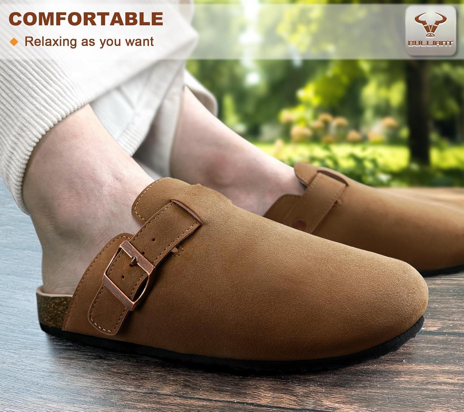 image:imageBULLIANT Women ClogsFleeceLined Suede Mules Slippers Nurse Shoes UnisexMemory Foam Arch Support CorkFootbedLight Brown7564