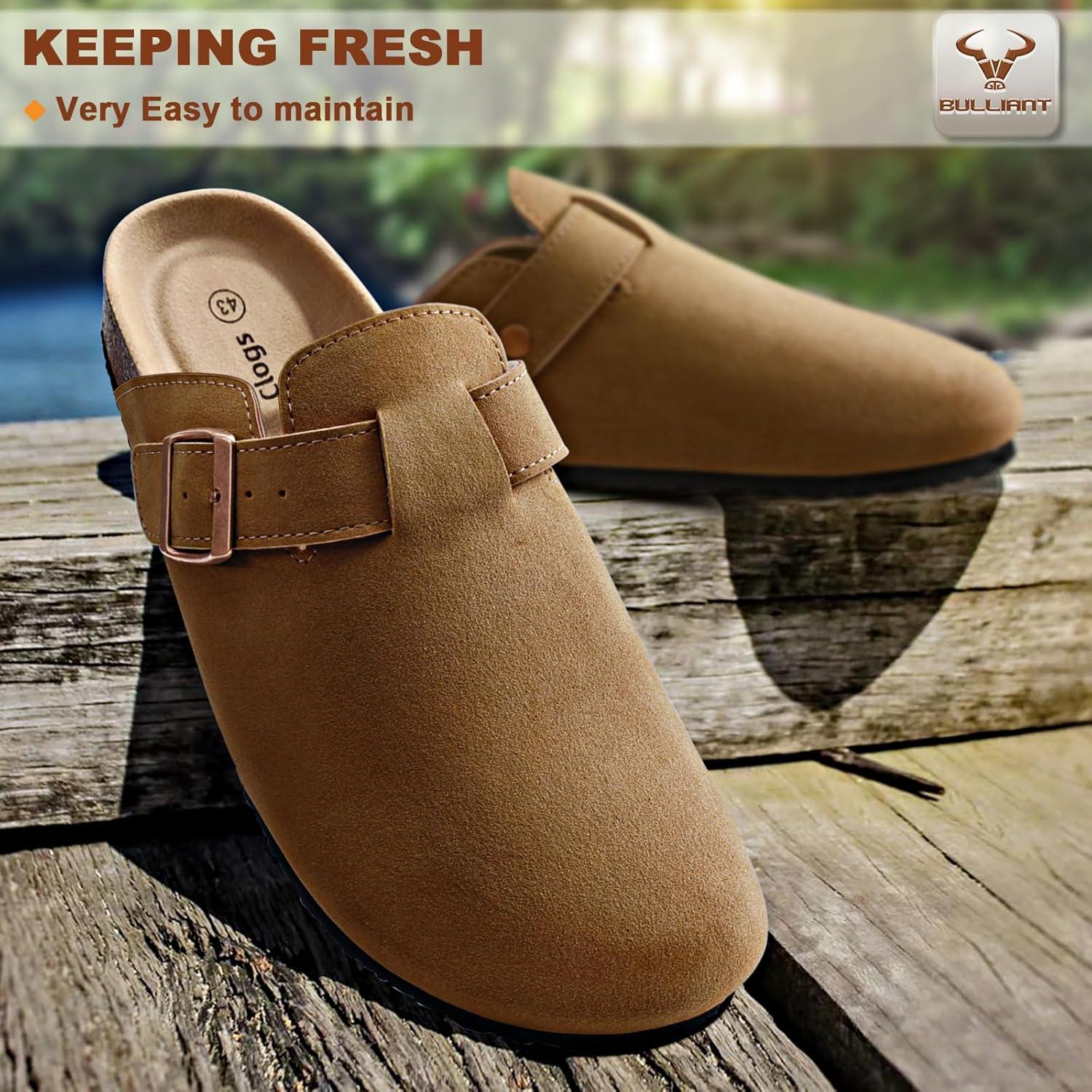 image:imageBULLIANT Women ClogsFleeceLined Suede Mules Slippers Nurse Shoes UnisexMemory Foam Arch Support CorkFootbedLight Brown7564