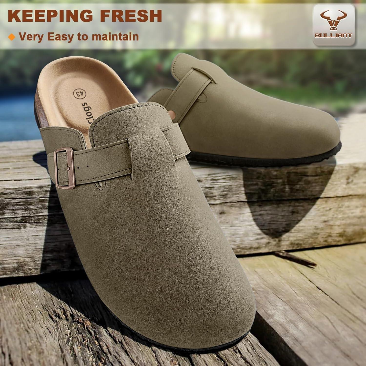 image:imageBULLIANT Women ClogsFleeceLined Suede Mules Slippers Nurse Shoes UnisexMemory Foam Arch Support CorkFootbedTaupe6533