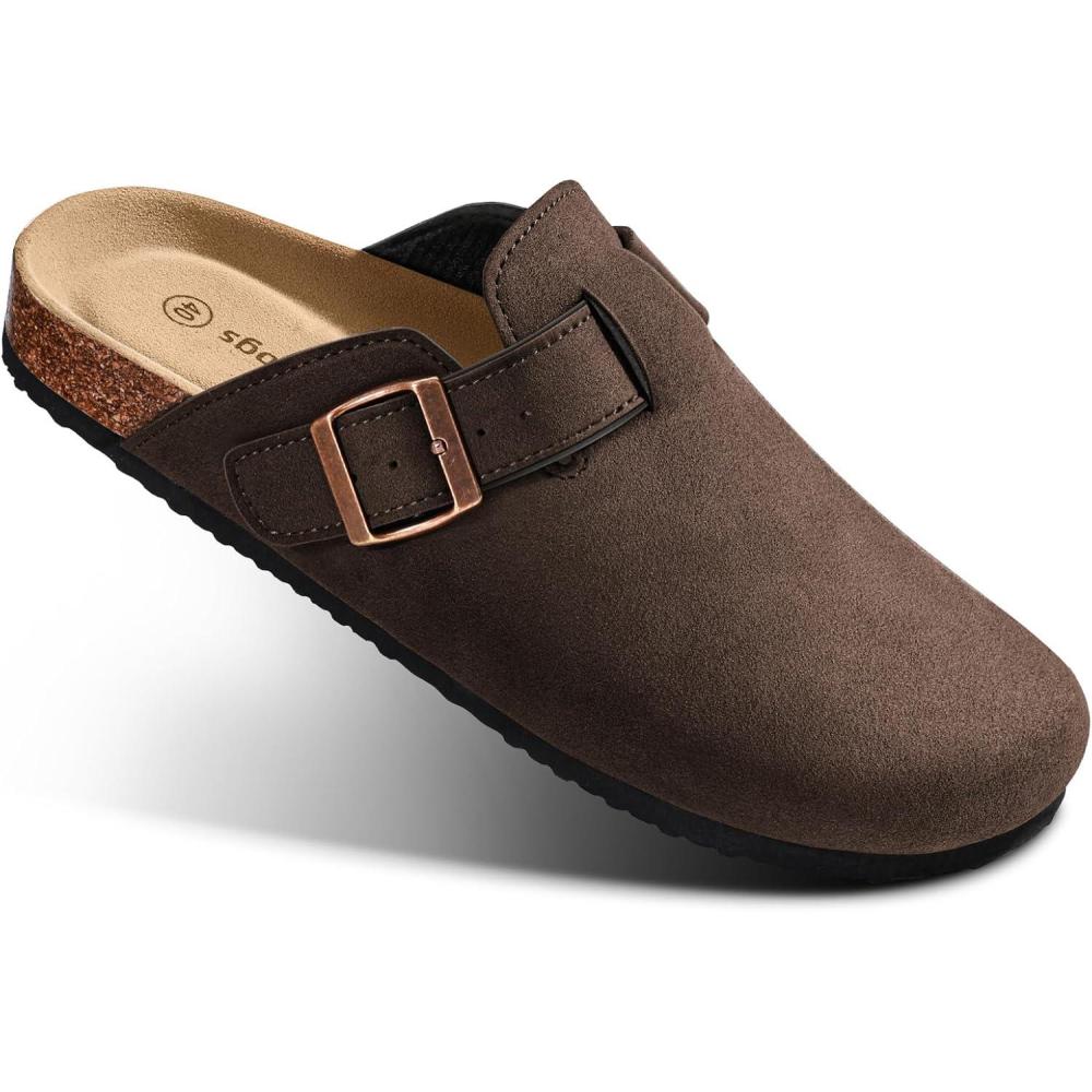 image:imageBULLIANT Women ClogsFleeceLined Suede Mules Slippers Nurse Shoes UnisexMemory Foam Arch Support CorkFootbedDeep Brown7571