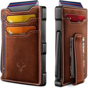 BULLIANT Men Wallet-Slim Money Clip Wallet Metal Card Case With Pop up Access 9 Cards RFID Blocking Pocket Fit(Brick Brown8142)