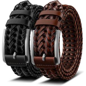 BULLIANT Men Belt, Braided Leather Belt Adjustable For Men Casual Jeans Golf 1 3/8″(2pack-black/Light Brown8532)