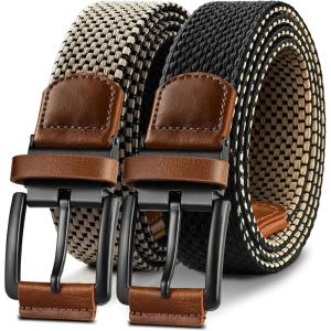 BULLIANT Men Belt Rerversible Golf Belt Stretch Braided for Gift Men 1 3/8″-2 In 1 Belt(Black/Beige4163)