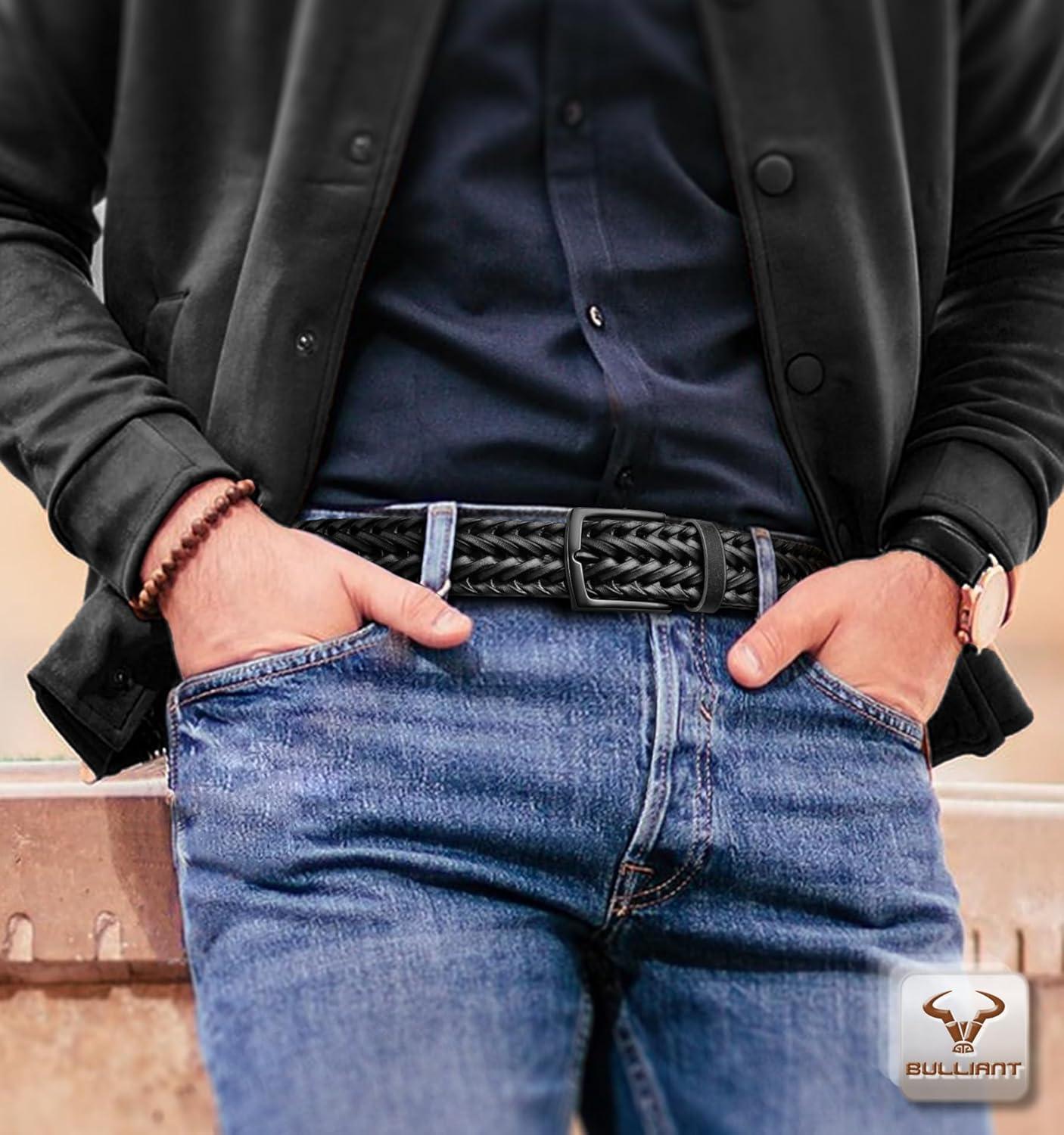 image:imageBULLIANT Men Belt 2PackBraided Woven Leather Belt For Men Golf Casual Jeans 1 382packblackWine Red7955