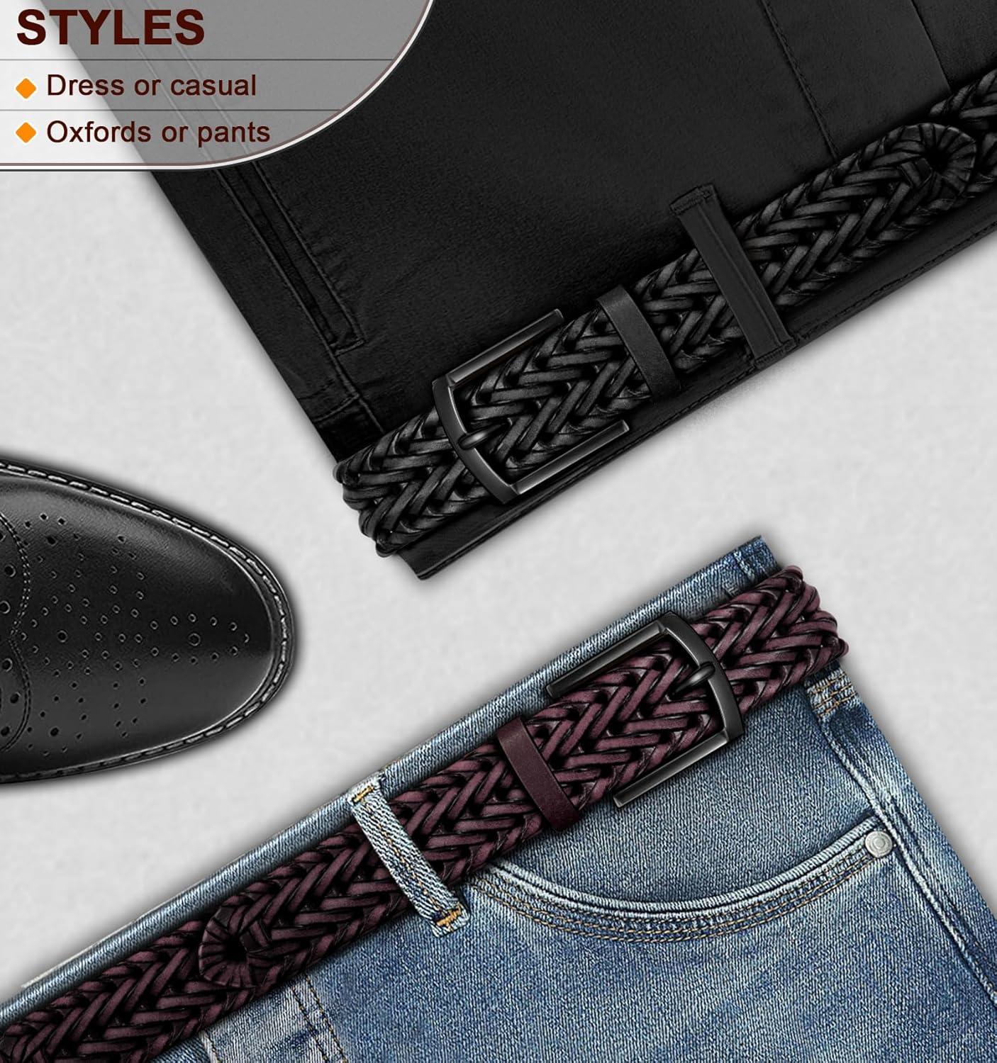 image:imageBULLIANT Men Belt 2PackBraided Woven Leather Belt For Men Golf Casual Jeans 1 382packblackWine Red7955
