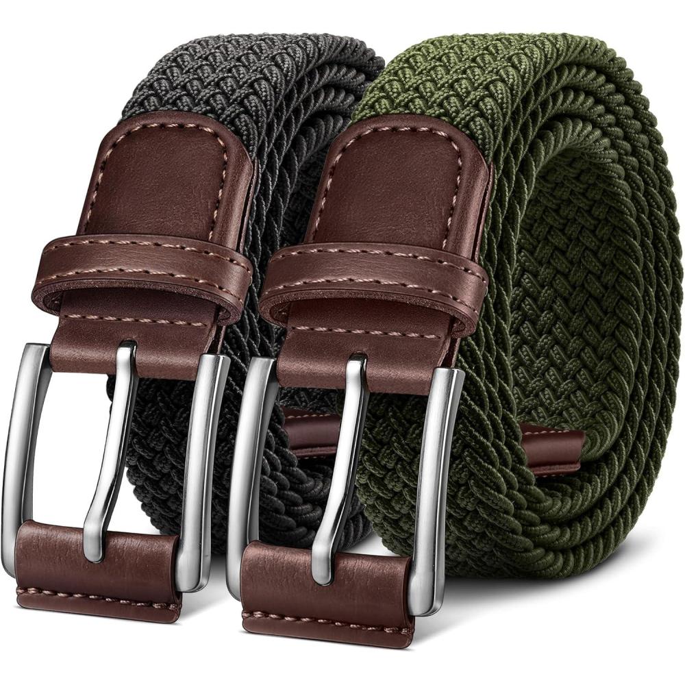 image:imageBULLIANT Belt for Men 2PackMens Gift Stretch Braided Web Belt Elastic for Casual Golf Jeans1 382packblackNavy Green8357