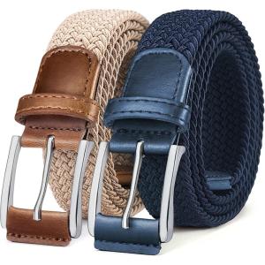 BULLIANT Belt for Men 2Pack,Mens Gift Stretch Braided Web Belt Elastic for Casual Golf Jeans,1 3/8″(2pack-antique Blue/Beige2660)